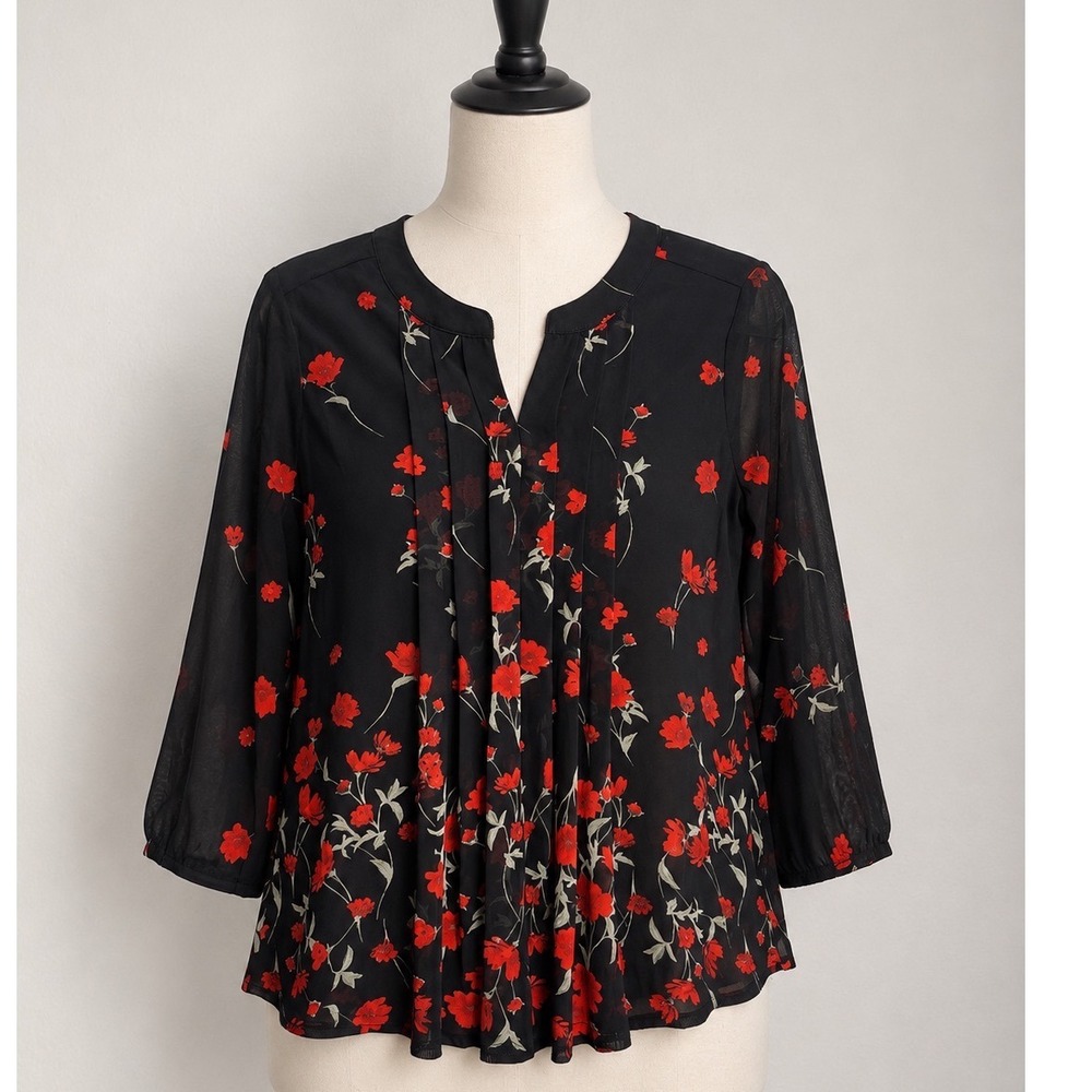 Sirenlily Petites Black‎ Red Floral Mesh Blouse 3/4 Sleeve Split Neck Top PM